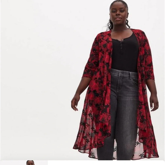TORRID AC/DC Black & Red Floral Chiffon Hi-Lo Kimono Plus Size Concert - Picture 8 of 9